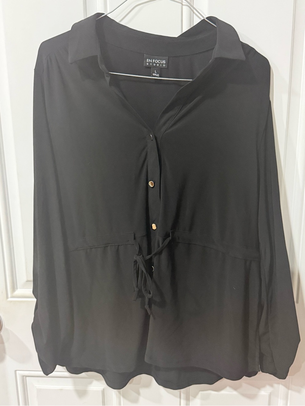 Enfocus Studio Black Button-Front Drawstring Shirt Blouse